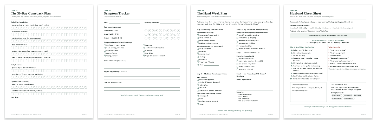 Preview of the printable worksheets: 30-Day Comeback Plan, Symptom Tracker, Hard Week Plan and Husband Cheat Sheet